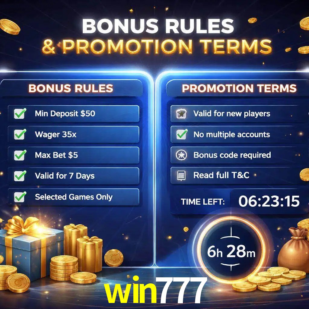 Reglas de promoción win777 y condiciones de bonos explicadas visualmente