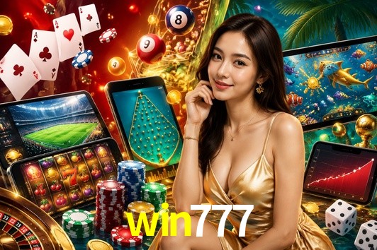 Una escena digital vívida inspirada en casino con win777 mostrado prominentemente, luces brillantes, fichas, cartas y acentos dorados.