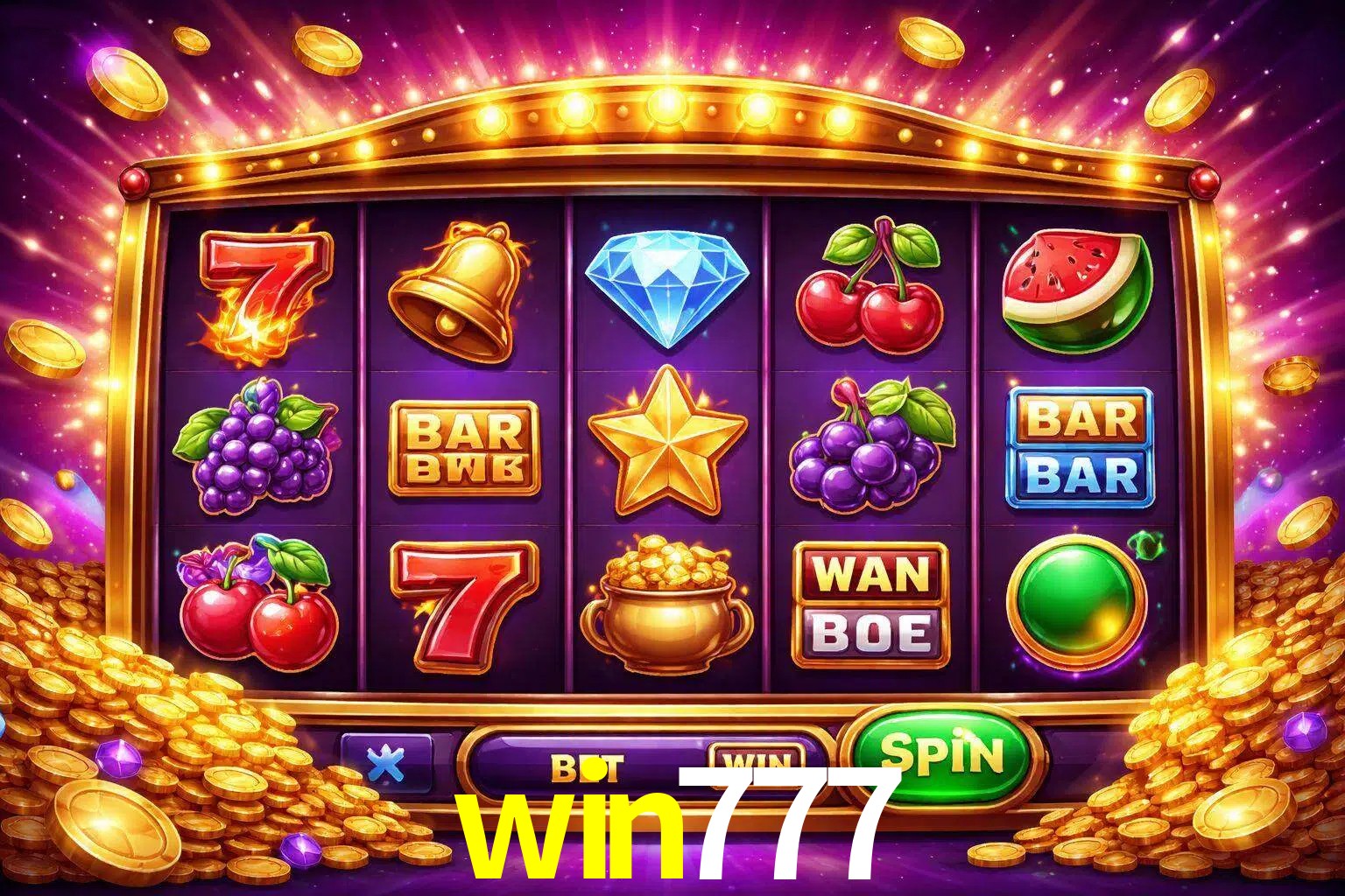 Una interfaz colorida de tragamonedas en línea con símbolos brillantes, monedas y un efecto de victoria celebratoria en win777.